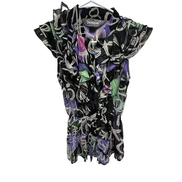 Desigual Top Womens Sz 36 Blouse Button Down Black Purple Graffiti Print Ruffles - Picture 2 of 8